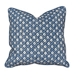 The Tripura Woad Blue Pillow by Hive Custom Pillows features a blue and white geometric diamond pattern, expertly crafted for a luxurious touch to your decor.