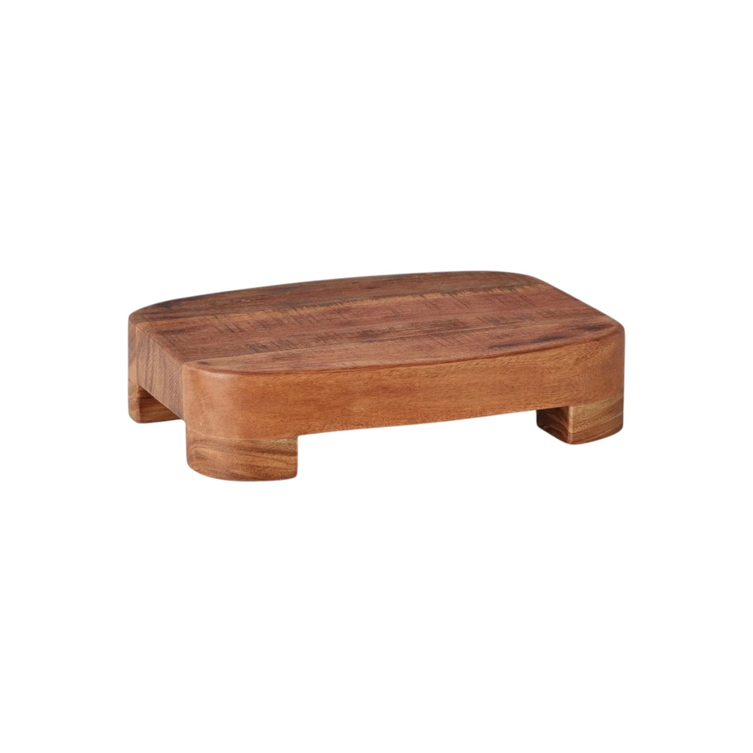 The etúHOME Classic Small Rectangle Trivet Riser features rounded corners and four short legs, crafted from reclaimed acacia wood, shown on a white background.