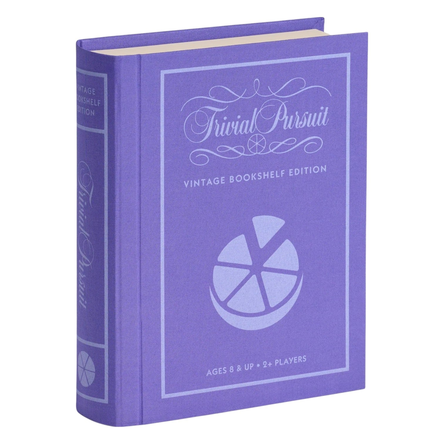 WS Game Company’s Vintage Bookshelf Board Games features a purple fabric-wrapped, book-shaped "Trivial Pursuit" box for ages 8+, designed for two or more players—classic gameplay in a stylish, display-worthy edition.