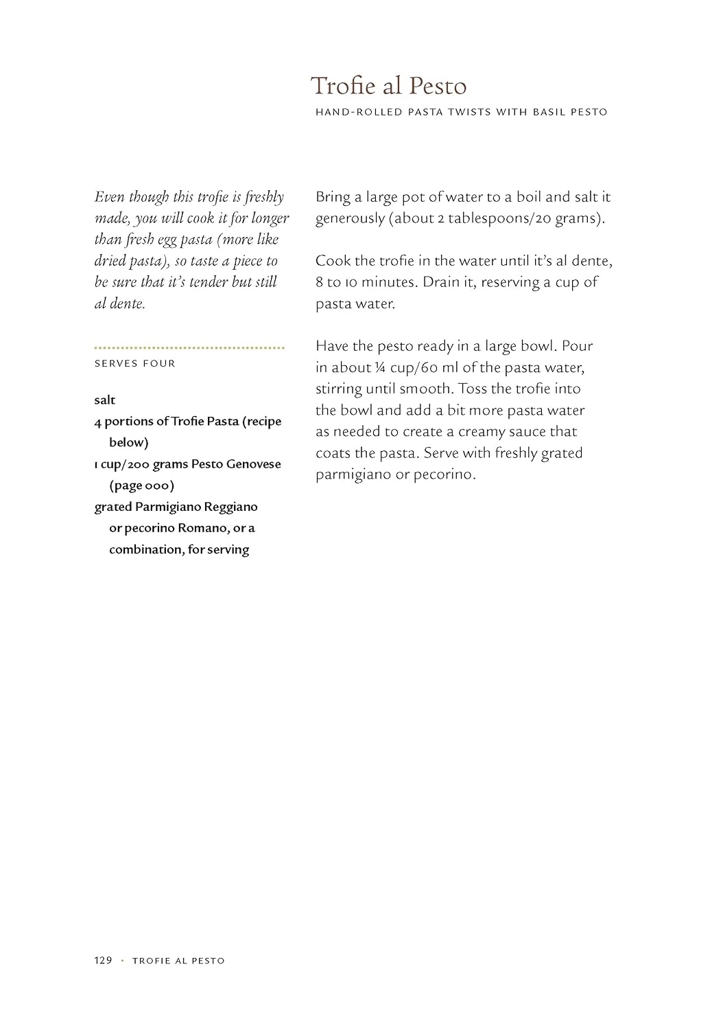 A recipe page for Trofie al Pesto, inspired by Via Carota from Penguin Random House, includes an ingredients list, a short introduction, and step-by-step instructions for making pasta with basil pesto and grated cheese.