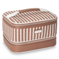 Stephanie Johnson Marbella Mocha Travel Collection rectangular makeup bag in a brown and white woven-look design, featuring a top handle, front label, and zipper closure.