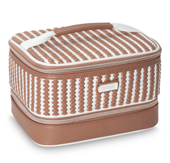 Stephanie Johnson Marbella Mocha Travel Collection rectangular makeup bag in a brown and white woven-look design, featuring a top handle, front label, and zipper closure.