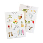 Set of two Sticker Sheet Sets from Emily Lex Studio featuring white vinyl sticker sheets with tropical-themed watercolor illustrations—palm tree, pineapple, dolphin, flip-flops, surfboards, snorkeling gear, turtle, hummingbird, and a variety of drinks. These vibrant stickers are perfect for planners or decorating your favorite items.