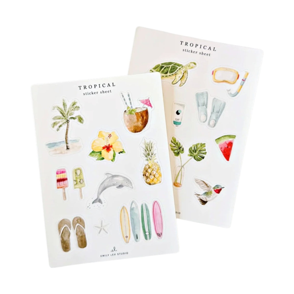 Set of two Sticker Sheet Sets from Emily Lex Studio featuring white vinyl sticker sheets with tropical-themed watercolor illustrations—palm tree, pineapple, dolphin, flip-flops, surfboards, snorkeling gear, turtle, hummingbird, and a variety of drinks. These vibrant stickers are perfect for planners or decorating your favorite items.