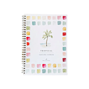 Discover Watercolor Workbooks from Emily Lex Studio—a spiral-bound workbook featuring a vibrant palm tree illustration on the cover, framed by colorful squares and the title “Tropical watercolor workbook.” Ideal for your next art activity, this book provides guided painting exercises to help you explore and create beautiful watercolor art.