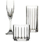 The Tryst Acrylic Drinkware Collection by Bold features a champagne flute, highball, and lowball glass with vertical cut patterns, combining glassware elegance and unbreakable durability—all displayed on a white background.