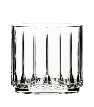 The Bold Tryst Acrylic Drinkware Collection features a clear, empty tumbler with vertical etched lines, shown from the front against a plain background—stylish, durable, and perfect for everyday use.