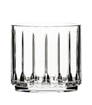 Empty clear dishwasher safe Bold Acrylic Tryst Cut Double Old Fashioned tumbler with vertical ridges.