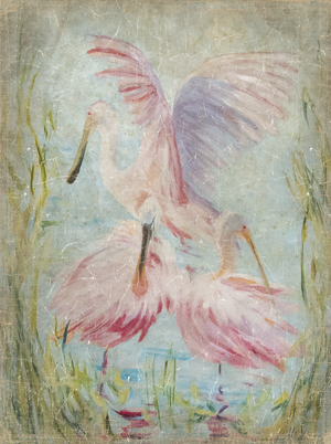 Lift Off by Tropical Tapestry depicts two pink spoonbills wading among reeds, one with wings spread. This 3' x 4' artwork features a soft, painterly style, a worn texture, and comes beautifully framed.