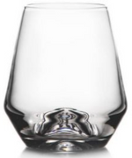 A clear, empty glass from the Simon Pearce Bristol Drinkware Collection with a wide base and subtly tapered sides reminiscent of the Golden Ratio, photographed against a white background.