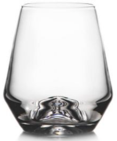 A clear, empty glass from the Simon Pearce Bristol Drinkware Collection with a wide base and subtly tapered sides reminiscent of the Golden Ratio, photographed against a white background.