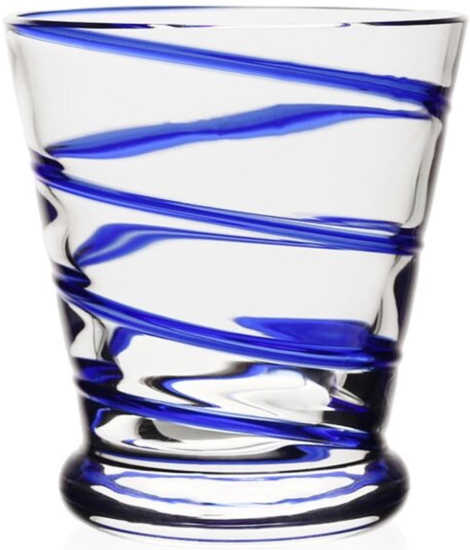 The Bella Blue Collection tumbler by William Yeoward Crystal features clear glass with a blue spiral, a thick base, and a gently flared rim—a colourful addition to your table.
