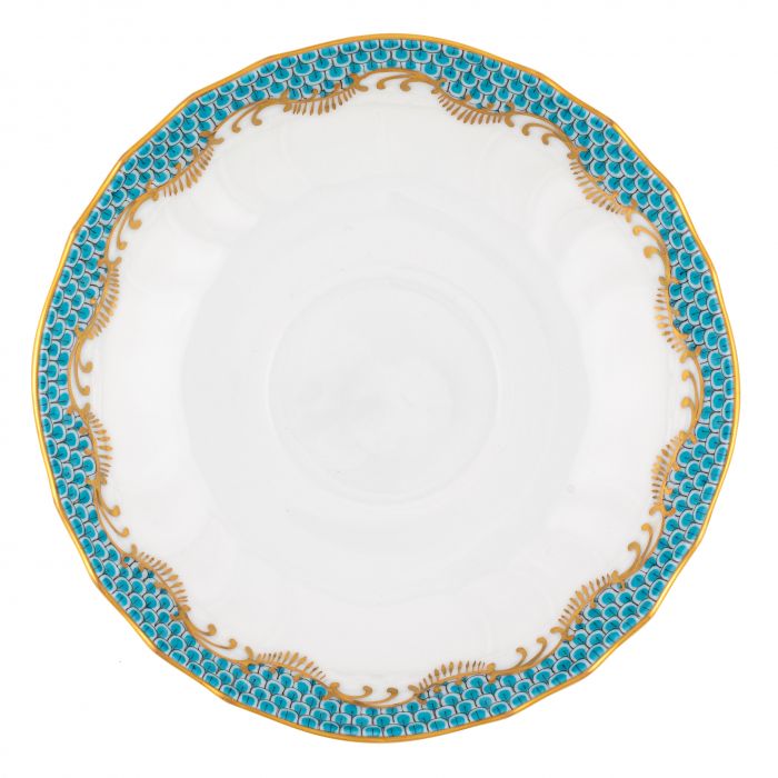 White porcelain plate from Herend's Fish Scale Turquoise Collection, featuring a scalloped edge, blue and gold patterned border, and gold rim inspired by their iconic hand-painted dinnerware.