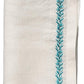 The Kim Seybert Jardin Napkin Set features folded white linen napkins with elegant turquoise embroidery along two edges, labeled "White/Turquoise.