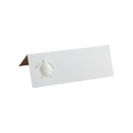 The Printery Turtle Place Card Set features pearl white folded cards with an embossed turtle design on the left side—a refined choice for elegant wedding place settings.