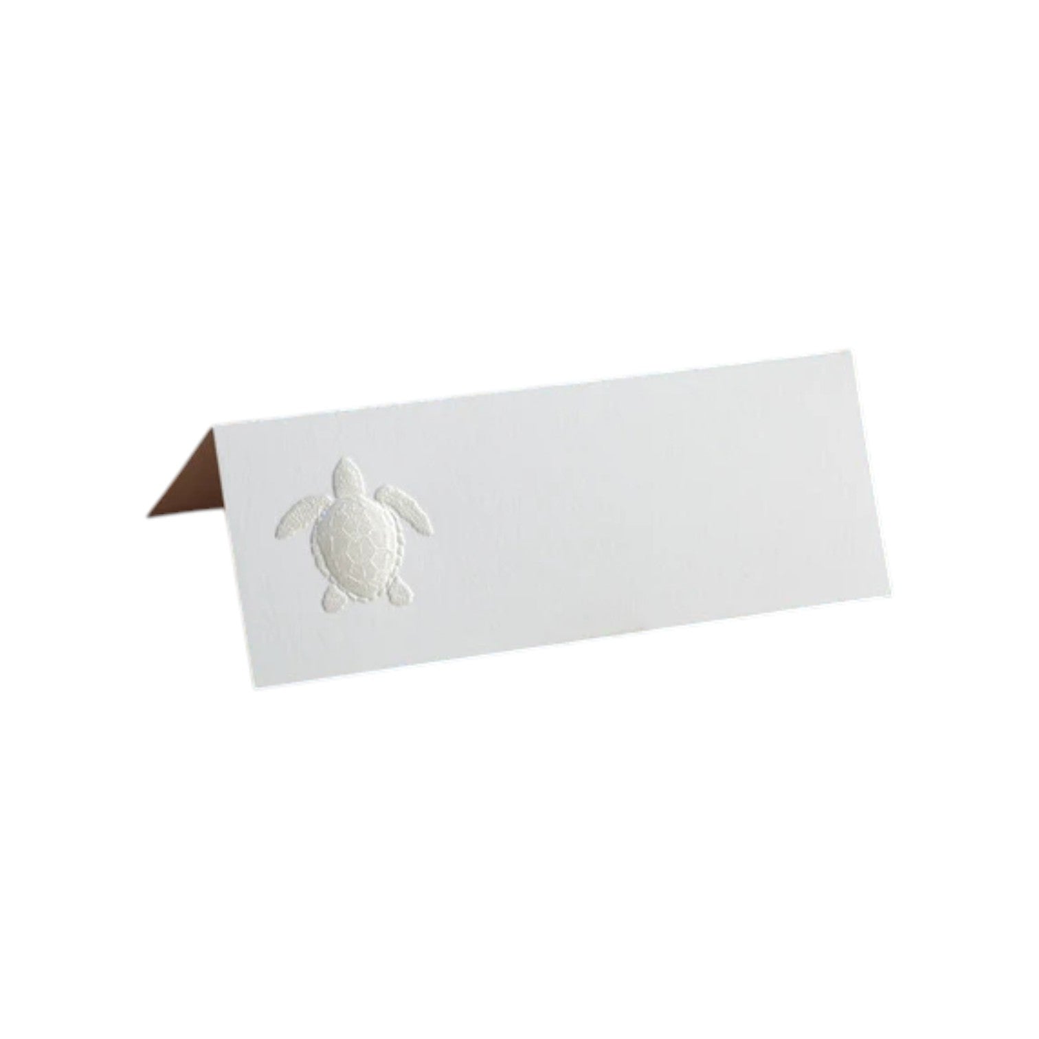 The Printery Turtle Place Card Set features pearl white folded cards with an embossed turtle design on the left side—a refined choice for elegant wedding place settings.