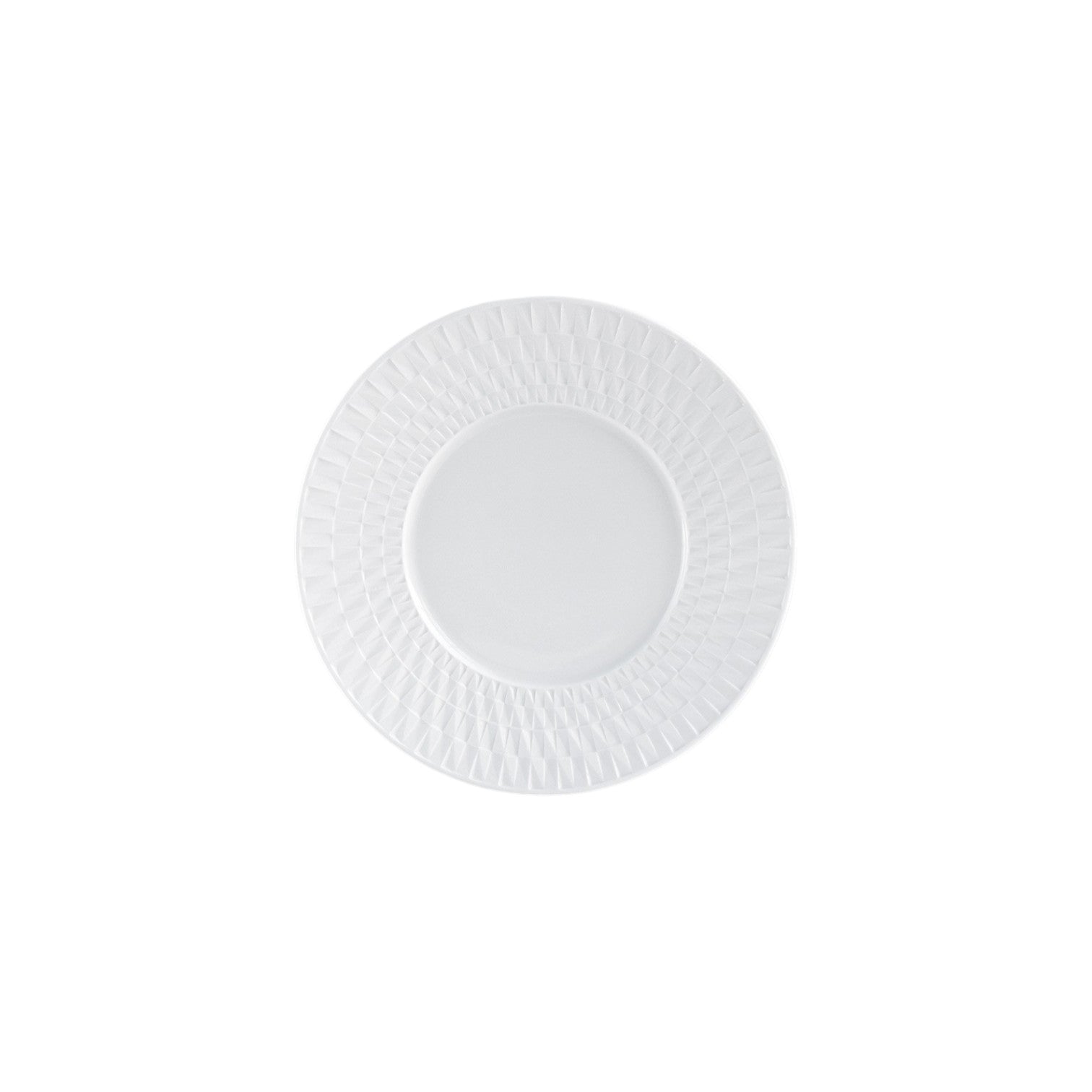 A Bernardaud Twist White Collection porcelain plate features a textured geometric rim inspired by Japanese design, shown on a white background.
