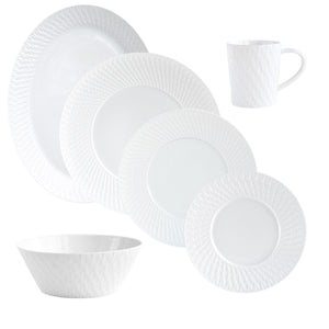 The Twist White Collection by Bernardaud is a Japanese-inspired white porcelain dinnerware set with a textured geometric pattern. Set includes dinner, salad, and bread plates, bowl, and mug—all displayed on a white background.