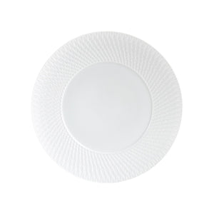 A plate from the Bernardaud Twist White Collection, featuring a textured geometric rim inspired by Japanese design, is shown from above against a plain white background.