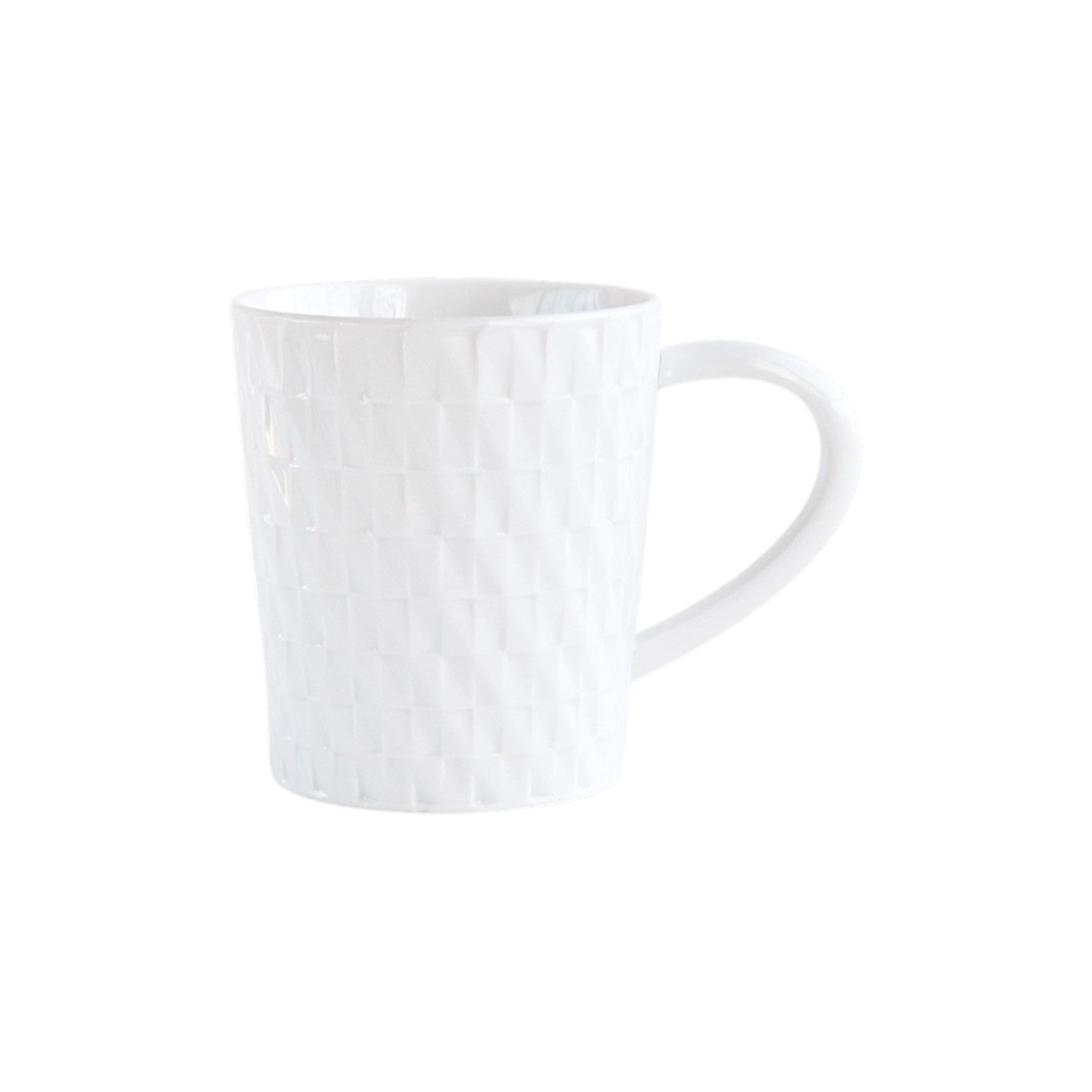 The Twist White Collection by Bernardaud features a white ceramic mug with a geometric diamond-patterned surface and handle, inspired by Japanese design, shown against a plain white background.