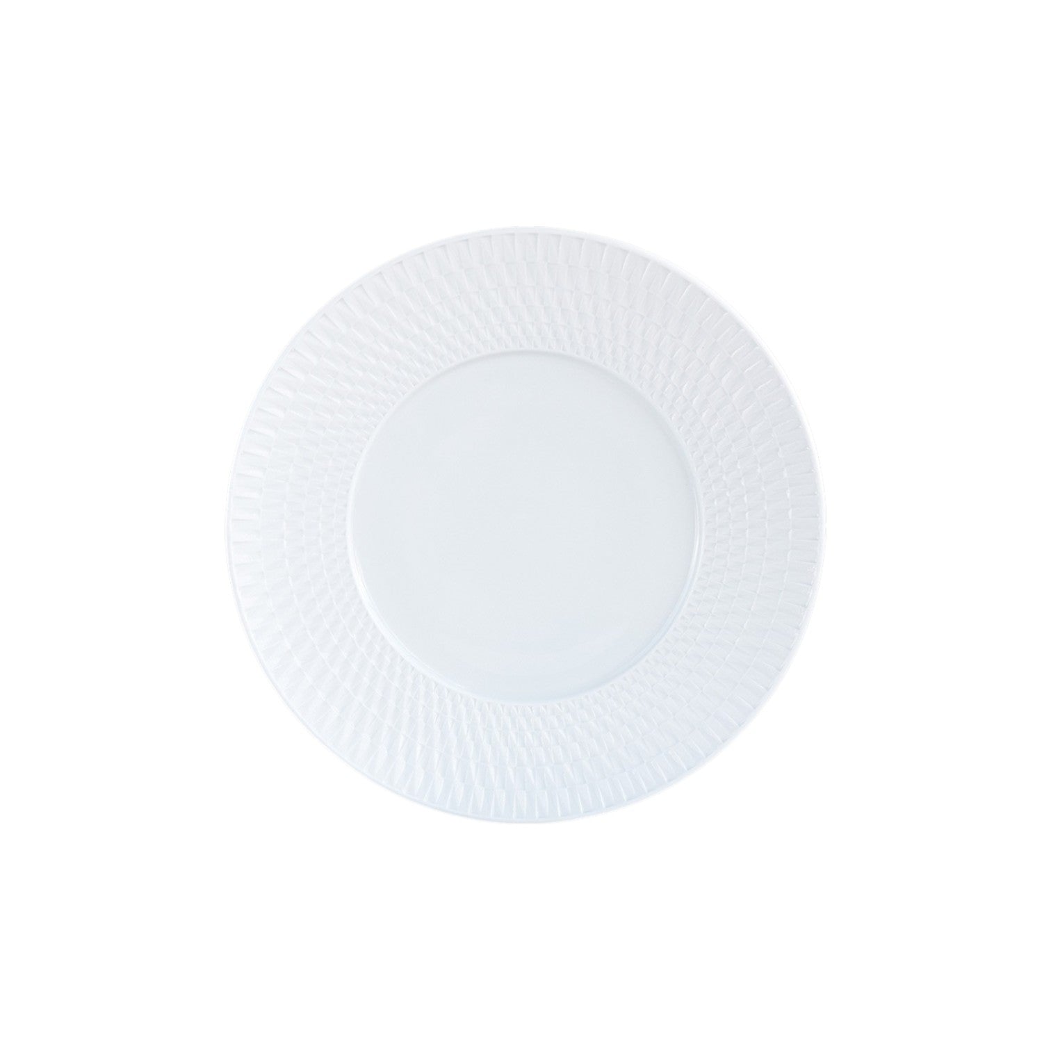 The Bernardaud Twist White Collection plate features a geometric patterned rim inspired by Japanese design, shown from above against a white background.