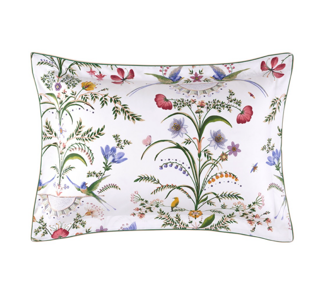 Rectangular organic cotton sateen pillowcase from the Botanic Bedding Collection by Yves Delorme, featuring a white background with a colorful botanical print of flowers, birds, and insects.
