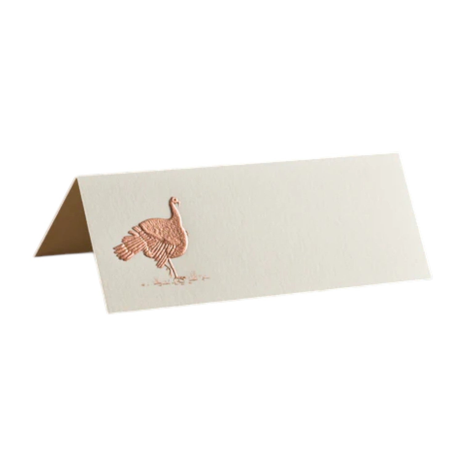 The Printery Copper Turkey Place Card features an engraved, copper-embossed turkey on ecru card stock—an elegant addition to your table setting.
