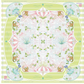 The Oh My Mahjong Mahjong Mat Collection features a square scarf with a pastel symmetrical design of squirrels, fans, and green and pink accents. Inspired by a Mahjong mat, it has striped green edges and border text on a non-slip surface.