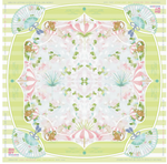 The Oh My Mahjong Mahjong Mat Collection features a square scarf with a pastel symmetrical design of squirrels, fans, and green and pink accents. Inspired by a Mahjong mat, it has striped green edges and border text on a non-slip surface.