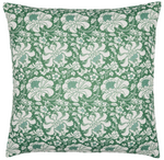 The Haasini Moss Outdoor Pillow by John Robshaw features a green background with a white floral and leaf block print. Sun resistant, it adds lasting beauty to any outdoor space.
