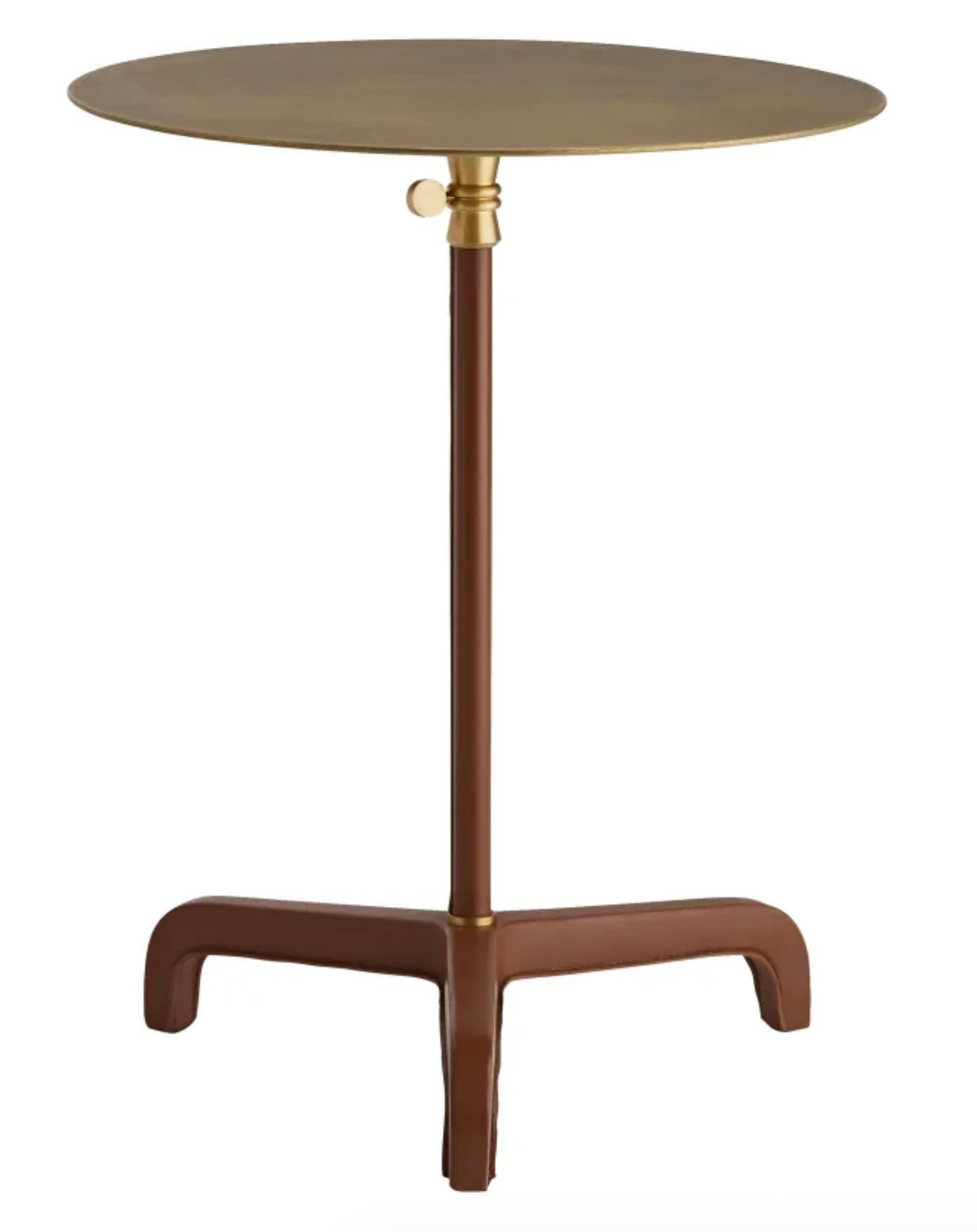 The Addison Accent Table by Arteriors features a small, round finished brass top, a brown single pedestal base, and three curved legs, shown against a white background.