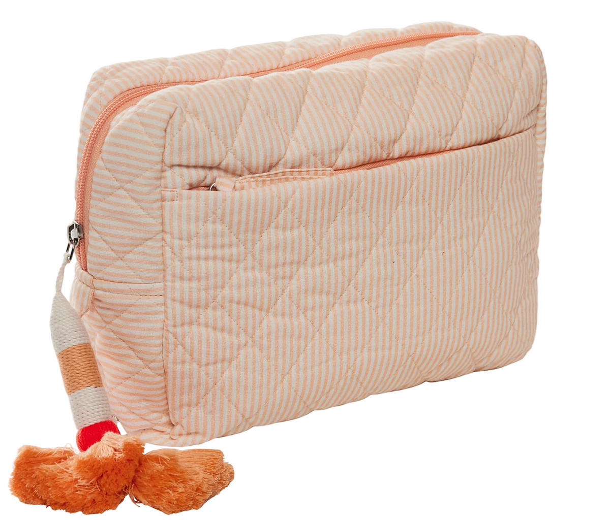 John Robshaw Nandi Quilted Cosmetic Bag with orange and white stripes, a top zipper, and a multi-colored tassel zipper pull.