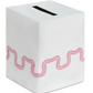 White square Waverly Bath Accessories linen tissue box cover with a pink stitched wavy line detail.