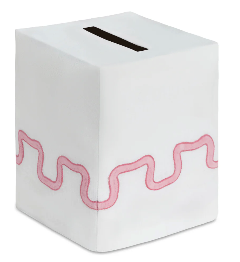 White square Waverly Bath Accessories linen tissue box cover with a pink stitched wavy line detail.