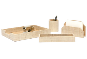 The Koba Natural Grass Desk Accessory Set by Pigeon & Poodle includes four beige desk organizers: a stapler tray, pencil holder with pens, letter holder with envelopes, and a rectangular tray, all crafted from natural Bagor grass.