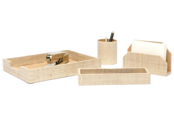 Discover the Pigeon and Poodle Koba Desk Accessory Set, a contemporary collection that includes a tray, stapler, pen holder, letter holder, and small rectangular box. Made from Natural Bagor Grass by Pigeon & Poodle, this set nods to the 70s trend while keeping your workspace stylishly organized.