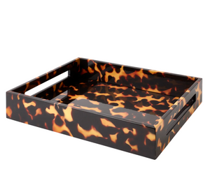 Introducing the Addison Ross Faux Tortoise Tray—a rectangular luxury serving tray showcasing a chic tortoiseshell pattern and cut-out handles on both sides. This lacquered tray features a high gloss finish for an elegant, refined touch.