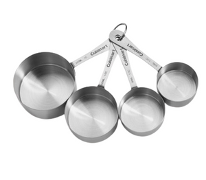The Cuisinart Stainless Steel Measuring Cups set includes four cups with measurement markings and a connecting metal ring. Durable and dishwasher safe, they make measuring and cleanup easy.
