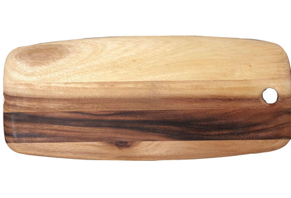 The Be Home Acacia Wood Rectangular Board Collection features sustainably sourced boards with a dark wood stripe and corner hole, shown on a white background.