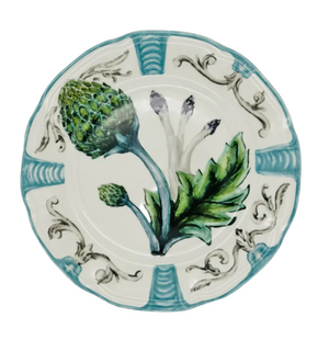 The Duggan Society Artichoke Dinner Plate is a decorative bone china plate with a blue and white pattern featuring an artichoke motif in the center.