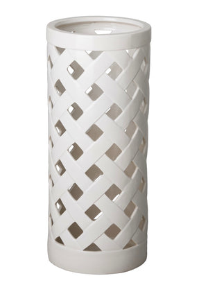 The Emissary Criss Cross Umbrella Stand is a large white ceramic cylinder with a woven lattice design and glossy finish—an elegant addition to your entryway.