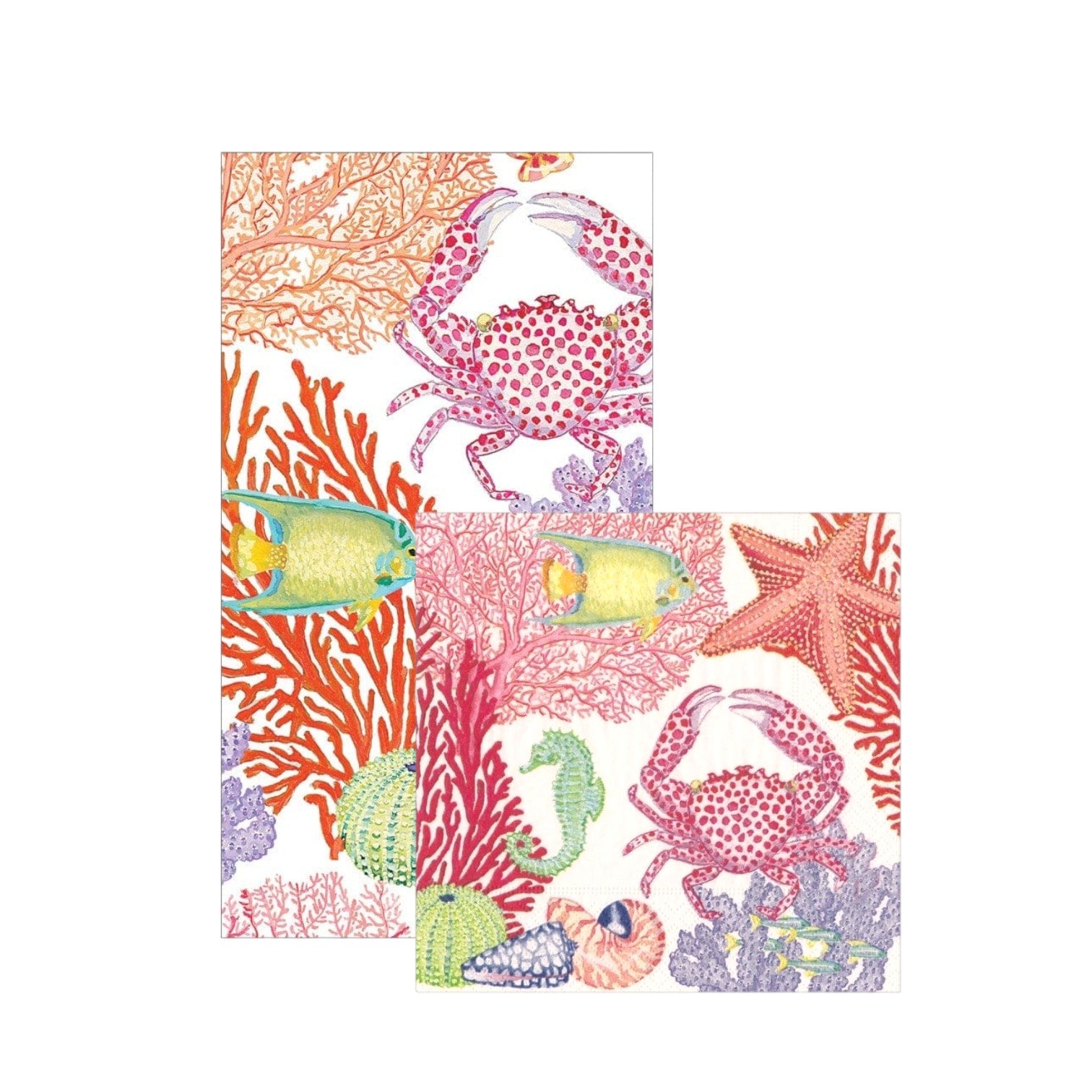 Caspari’s Under The Sea Collection features two towels adorned with vibrant marine life on a white background. Pair them with our compostable napkins for an eco-friendly touch at your beach-themed gathering.