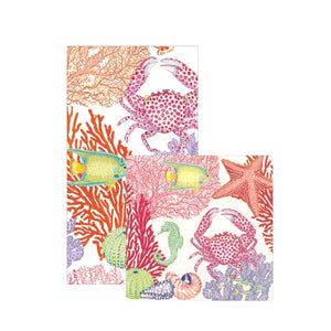 Caspari’s Under The Sea Collection features two towels adorned with vibrant marine life on a white background. Pair them with our compostable napkins for an eco-friendly touch at your beach-themed gathering.