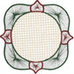 Embroidered circular doily from the Lily & Heliconia Placemat Collection by Mercedes Salazar, featuring a beige lattice center, handwoven raffia details inspired by Colombia’s artisanal heritage, green radiating thread patterns, and four maroon accents along the edges—ideal for mixing and matching with other Mercedes Salazar placemats.