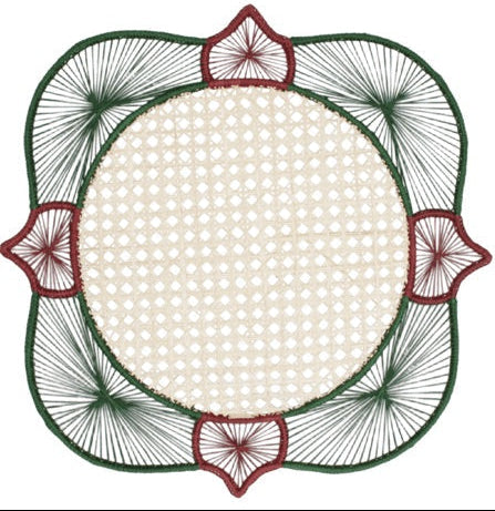 Embroidered circular doily from the Lily & Heliconia Placemat Collection by Mercedes Salazar, featuring a beige lattice center, handwoven raffia details inspired by Colombia’s artisanal heritage, green radiating thread patterns, and four maroon accents along the edges—ideal for mixing and matching with other Mercedes Salazar placemats.
