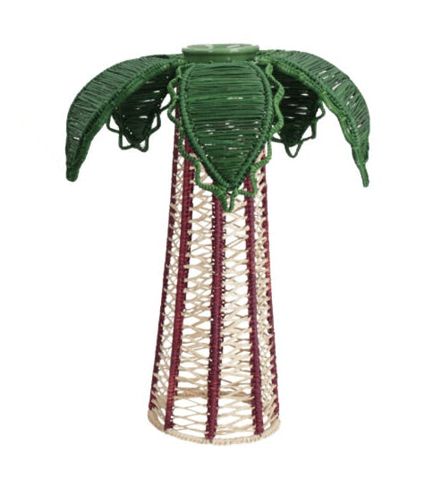 Introducing the Palm Candle Holder & Flower Vase by Mercedes Salazar—a handcrafted raffia fiber decor piece designed to resemble a palm tree, featuring vibrant green leaves at the top and an elegant, open lattice trunk in burgundy and cream. This versatile accessory brings tropical charm to any space and serves perfectly as a flower vase or as a votive holder for a battery-powered candle, creating a warm and inviting ambiance.