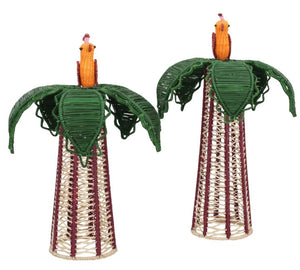 Bring distinctive charm to your dining table with the Hoatzin Palm Candle Holder & Flower Vase by Mercedes Salazar. This pair of woven decorative figures features bird-like forms perched on tall, cone-shaped bases, complete with green leaf-inspired wings and vibrant orange heads. Handcrafted with natural raffia for a vase-inspired design, these pieces serve as eye-catching decor—pair them with a battery-operated votive candle to create a warm and inviting ambiance.