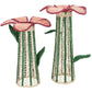 Two tall Lily Floral Spirit Candle Holder & Flower Vases by Mercedes Salazar—handcrafted from natural raffia fiber in the brand’s signature style—feature woven designs resembling blooming flowers, with pink tops and green stems and leaves.