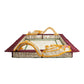 Introducing the Monkey Jungle Party Tray by Mercedes Salazar—a flat woven mat crafted from durable raffia fiber, featuring a maroon border, yellow and pink decorative rope, and a lively green and beige pattern. This artisanal piece adds a unique touch of charm to your dining setting.
