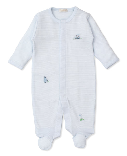 A baby boy's blue footed sleepsuit with snap closure and hand embroidery animals: Kissy Kissy Embroidered Golf Club Footie.